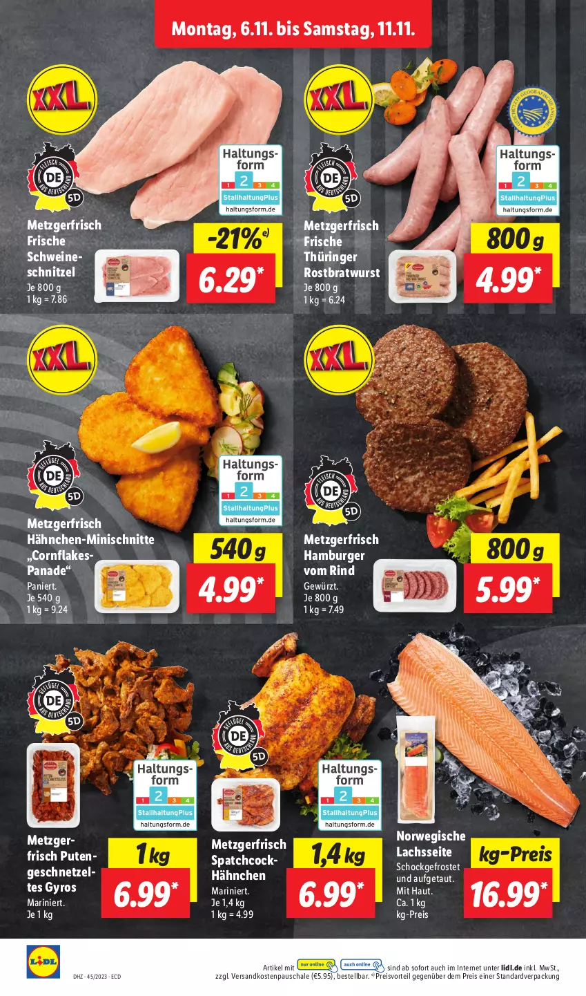 Aktueller Prospekt Lidl - Aktionsprospekt - von 06.11 bis 11.11.2023 - strona 6 - produkty: bratwurst, burger, eis, flakes, geschnetzeltes, gewürz, gyros, hamburger, lachs, ndk, preisvorteil, pute, Putengeschnetzeltes, reis, rind, ring, rostbratwurst, rwe, Schal, Schale, schnitzel, schwein, schweine, schweineschnitzel, thüringer rostbratwurst, Ti, wein, weine, wurst, Zelt