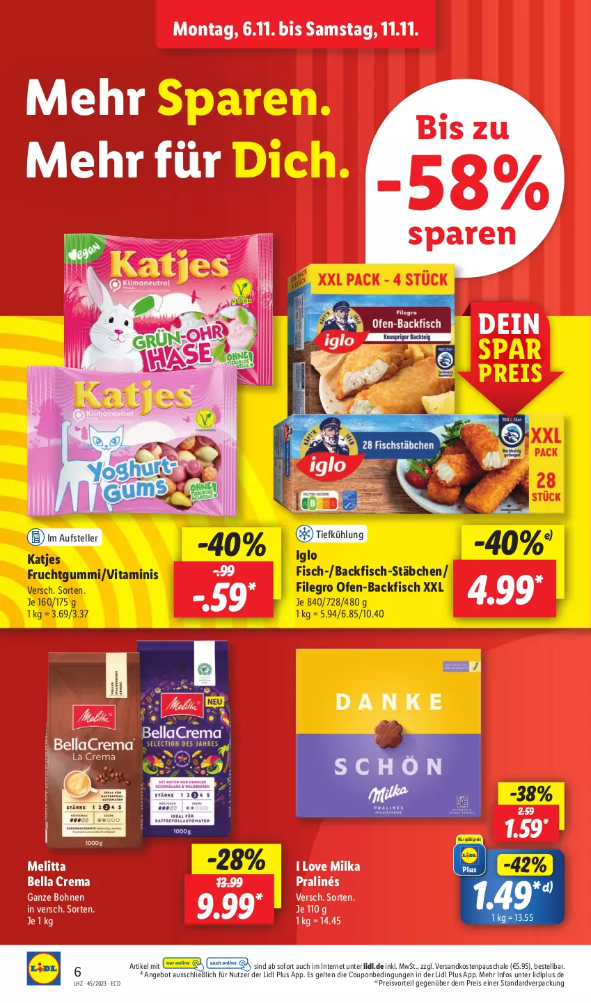 Aktueller Prospekt Lidl - Aktionsprospekt - von 06.11 bis 11.11.2023 - strona 8 - produkty: angebot, backfisch, bella crema, bohne, bohnen, coupon, eis, elle, filegro, fisch, frucht, fruchtgummi, iglo, katjes, melitta, milka, ndk, Ofen, ofen-backfisch, preisvorteil, reis, Schal, Schale, teller, Ti, vita