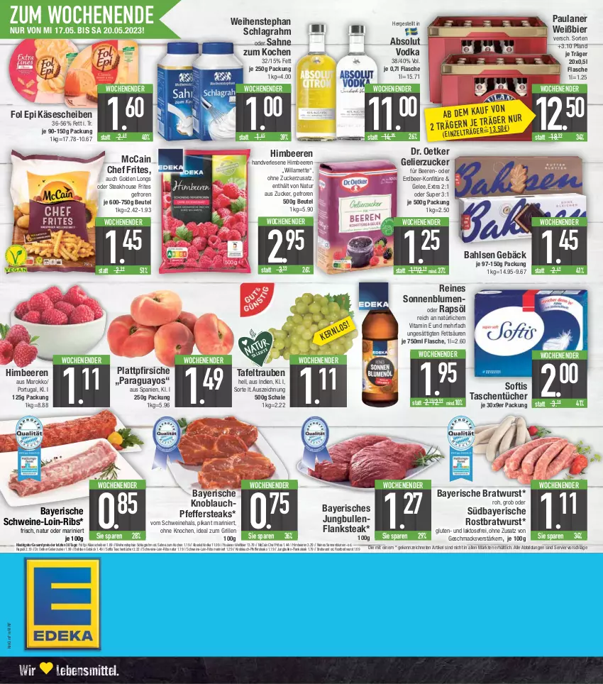 Aktueller Prospekt E Center - Angebote der Woche - von 15.05 bis 20.05.2023 - strona 20 - produkty: Absolut Vodka, bahlsen, beere, beeren, beutel, bier, blume, blumen, bratwurst, Dr. Oetker, eis, Flanksteak, flasche, fol epi, gelee, gelierzucker, Golden Longs, grill, himbeer, himbeere, himbeeren, HP, ideal zum grillen, jungbullen, Käse, käsescheiben, knoblauch, konfitüre, lebensmittel, mac, mccain, Mett, natur, paraguayos, Paula, paulaner, pfeffer, pfirsich, pfirsiche, plattpfirsiche, rapsöl, reis, rostbratwurst, sahne, Schal, Schale, schlagrahm, schwein, schweine, sonnenblume, sonnenblumen, steak, steaks, tafeltrauben, Tasche, taschen, taschentücher, Ti, trauben, tücher, vita, vodka, weihenstephan, wein, weine, wurst, Yo, ZTE, zucker