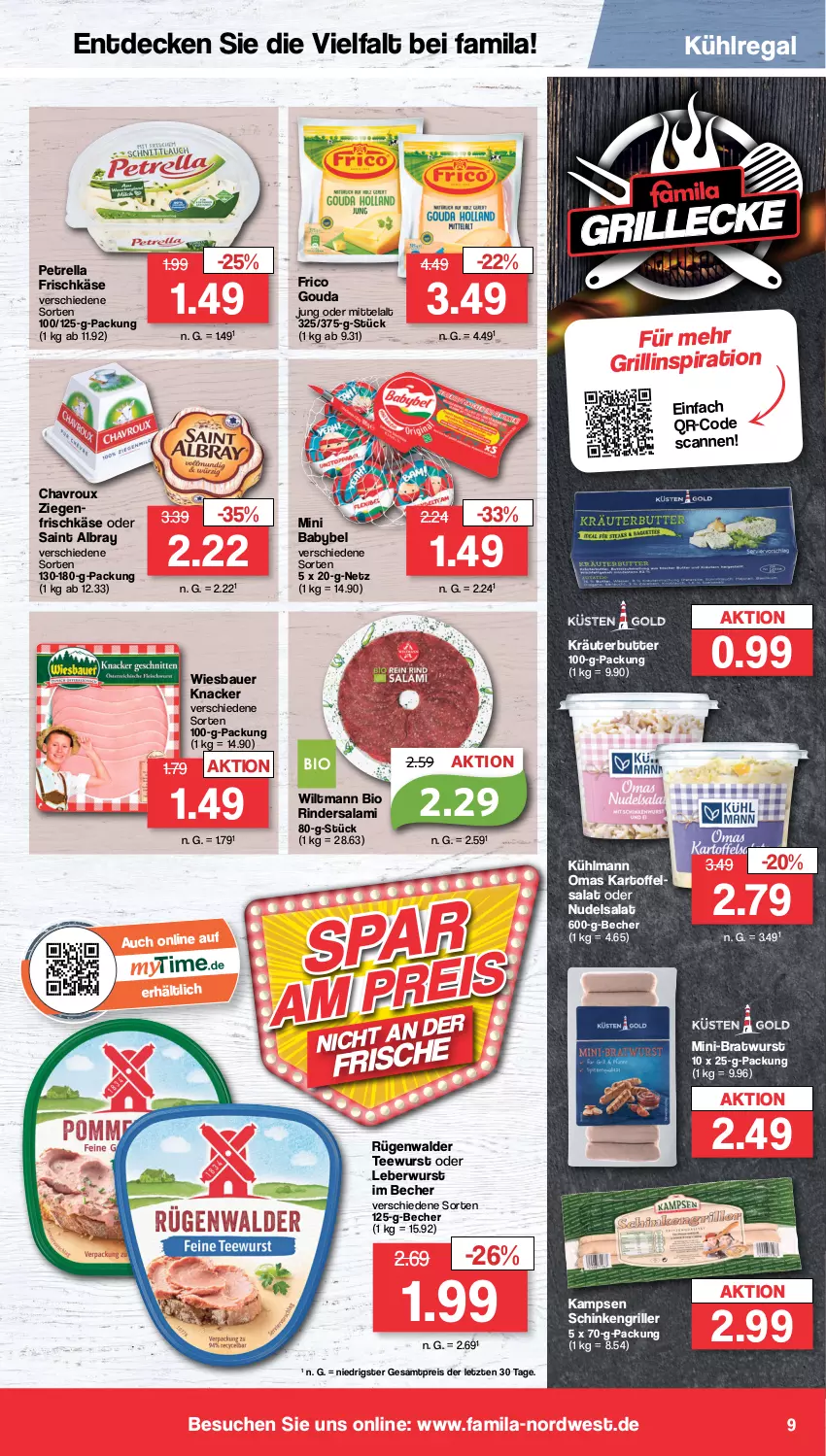 Aktueller Prospekt Famila - Prospekte - von 30.05 bis 03.06.2023 - strona 9 - produkty: albray, auer, babybel, Bau, Bauer, Becher, bio, bratwurst, butter, chavroux, decke, eis, frico, frischkäse, gouda, gouda jung, grill, kartoffel, Käse, knacker, kräuter, kräuterbutter, kühlmann, kühlregal, leberwurst, mini babybel, nudel, nudelsalat, petrella, regal, reis, rel, rind, rinder, Rindersalami, rügenwalder, saint albray, salami, salat, schinken, Schinkengriller, tee, teewurst, Ti, wiesbauer, wiltmann, wurst, ZTE