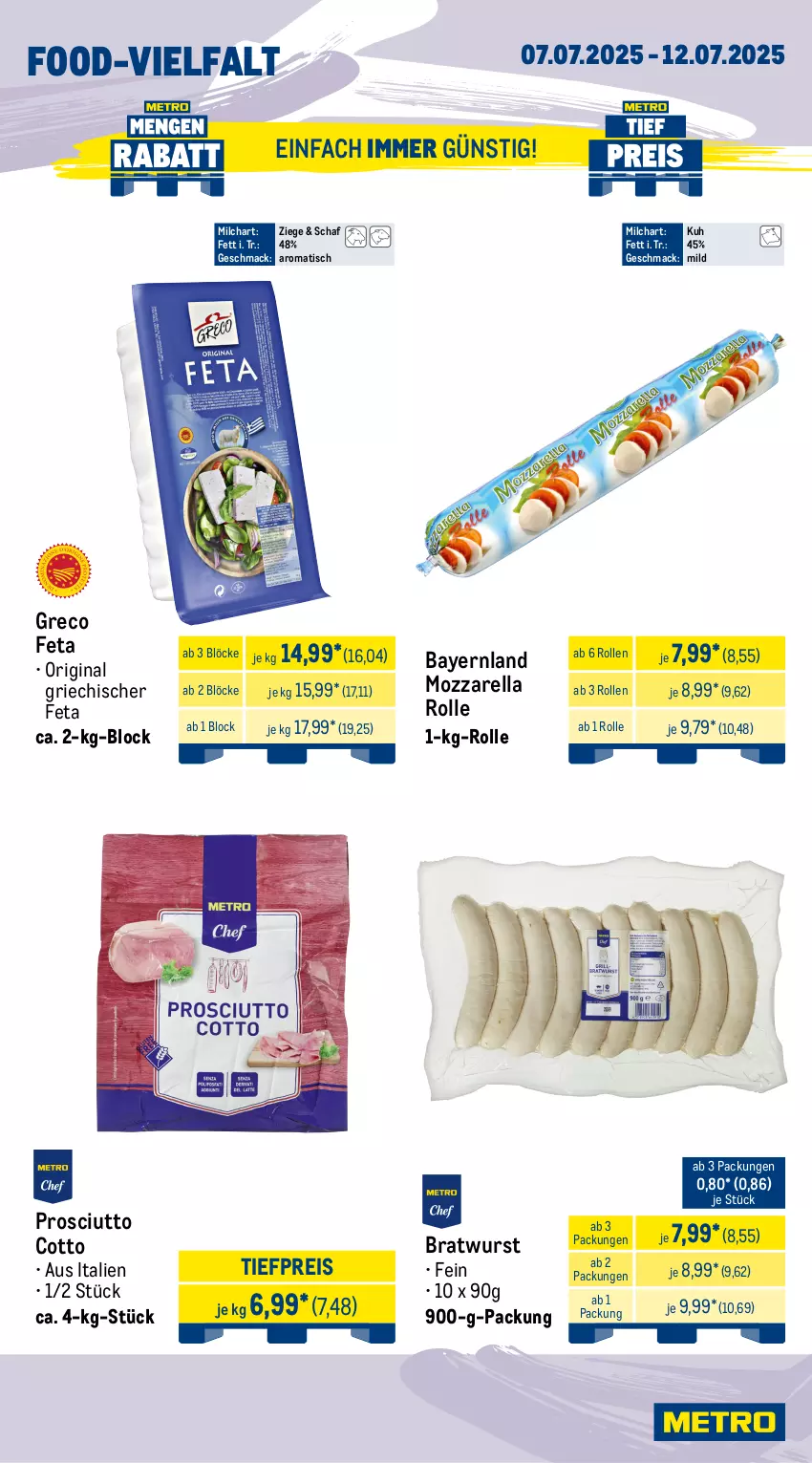 Aktueller Prospekt Metro - Wochen-Angebote Gastro - von 07.07 bis 12.07.2025 - strona 10 - produkty: angebot, apfel, beutel, bratwurst, eis, feta, frischkäse, gin, kappa, Käse, langnese, mac, milch, mozzarella, mozzarella rolle, paprika, pommes, Pommes Frites, prosciutto, prosciutto cotto, reis, rel, Schal, Schale, schnitten, Ti, tiefpreis, tisch, torte, wurst