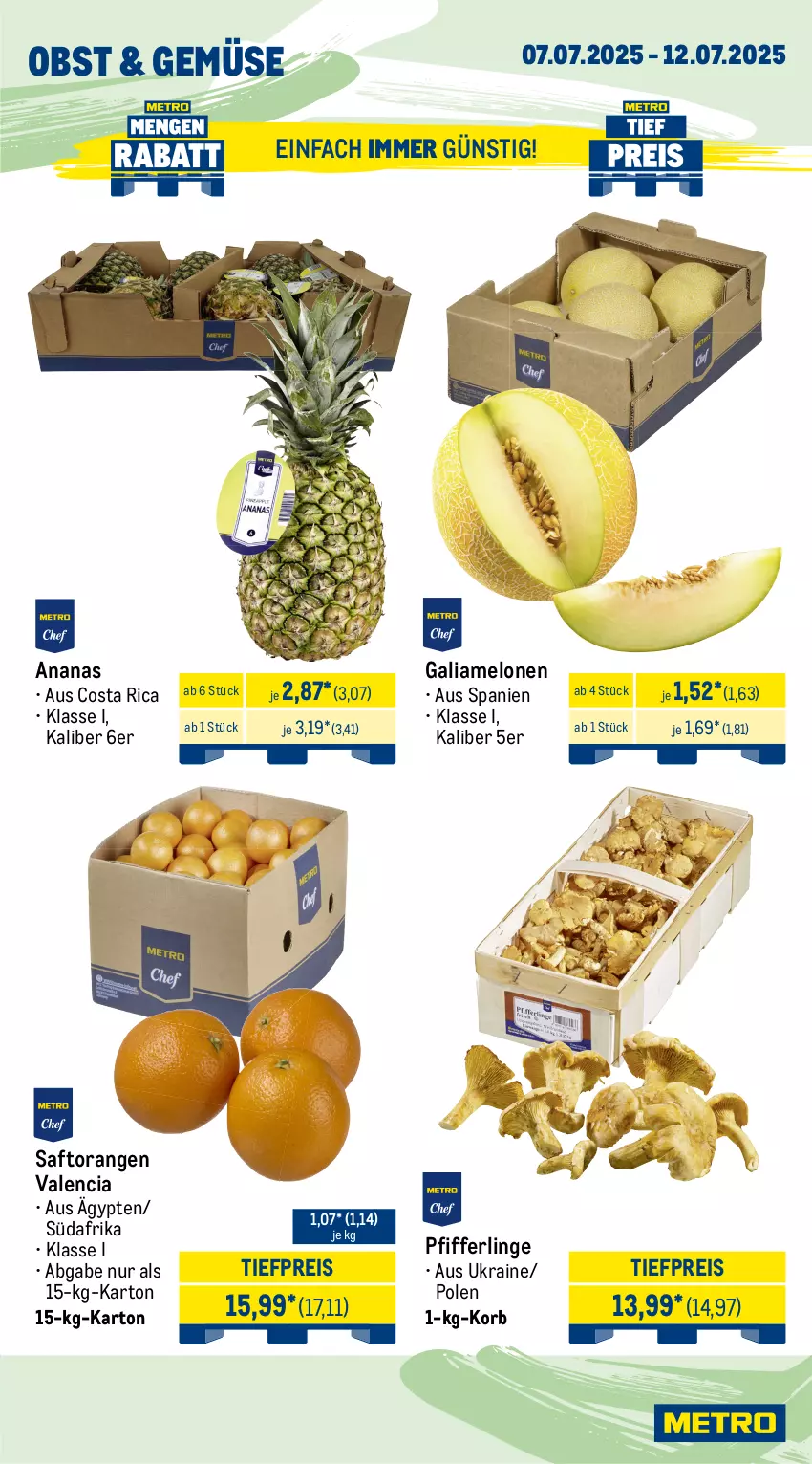 Aktueller Prospekt Metro - Wochen-Angebote Gastro - von 07.07 bis 12.07.2025 - strona 7 - produkty: ananas, angebot, aqua, beutel, brie, eis, filet, filets, fisch, galiamelone, garnelen, korb, lachs, melone, melonen, Metro, obst, orange, orangen, Pangasius, Pfifferlinge, Räucherlachs, reis, saft, Saftorangen, Ti, tiefpreis