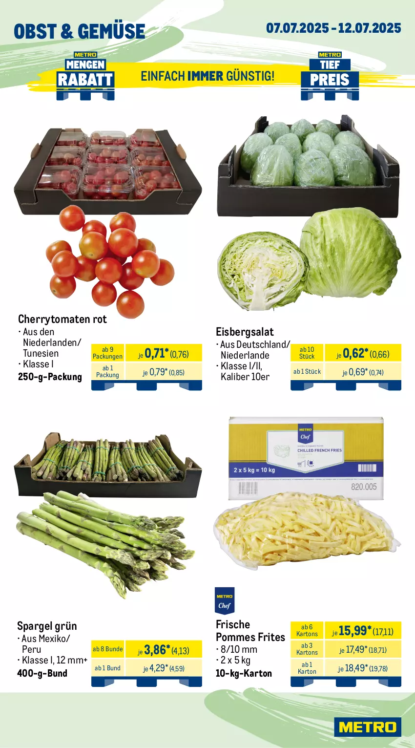 Aktueller Prospekt Metro - Wochen-Angebote Gastro - von 07.07 bis 12.07.2025 - strona 8 - produkty: angebot, bag-in-box, beutel, cherrytomaten, eimer, eis, eisbergsalat, flakes, frischli, grana, grana padano, mac, milch, milram, obst, padano, pommes, Pommes Frites, pudding, quark, Rana, reis, salat, sour cream, spargel, spargel grün, Ti, tiefpreis, tomate, tomaten