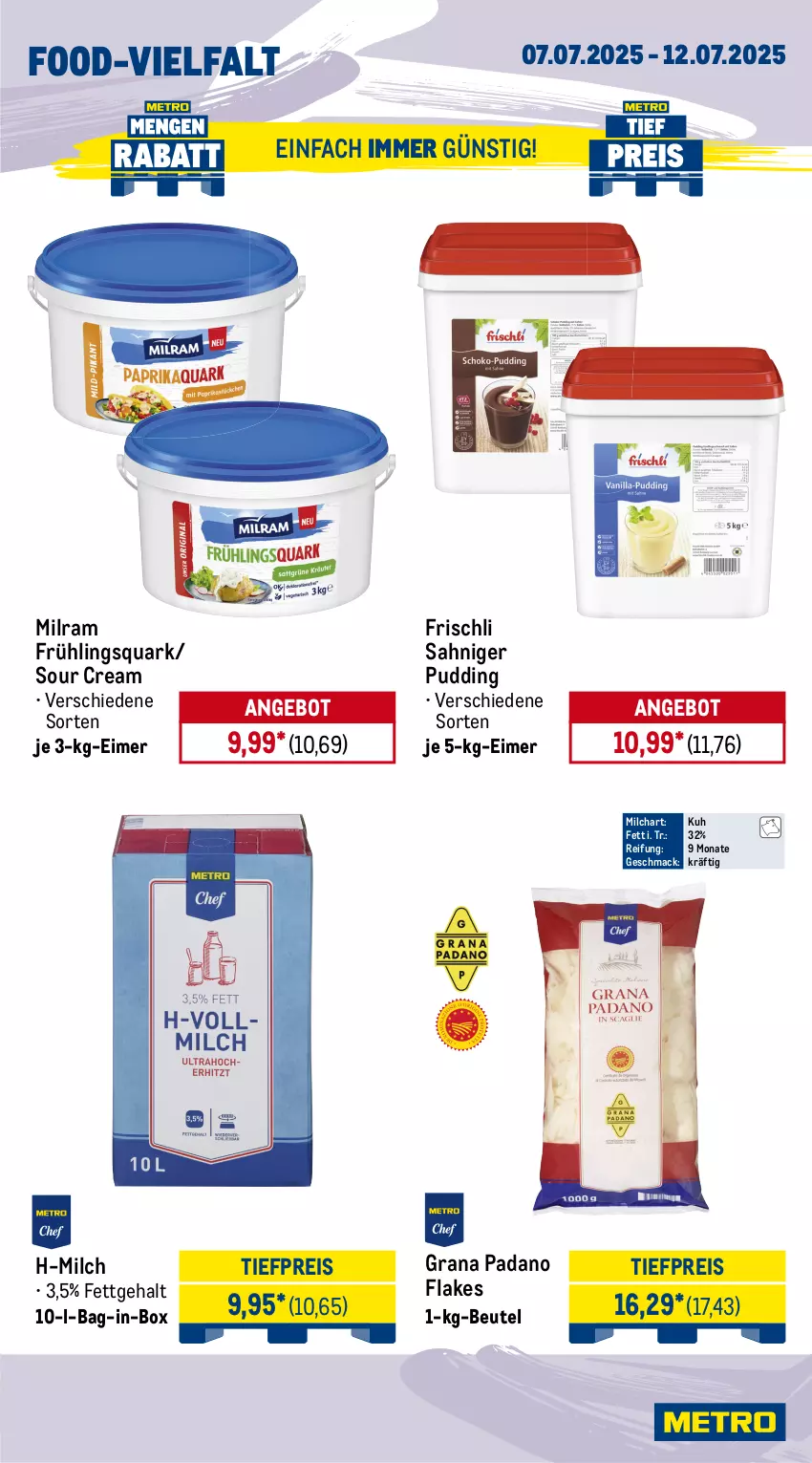 Aktueller Prospekt Metro - Wochen-Angebote Gastro - von 07.07 bis 12.07.2025 - strona 9 - produkty: angebot, bag-in-box, beutel, cherrytomaten, eimer, eis, eisbergsalat, flakes, frischli, grana, grana padano, mac, milch, milram, obst, padano, pommes, Pommes Frites, pudding, quark, Rana, reis, salat, sour cream, spargel, spargel grün, Ti, tiefpreis, tomate, tomaten