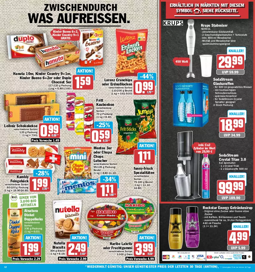 Aktueller Prospekt Hit - Prospekte - von 30.05 bis 03.06.2023 - strona 12 - produkty: Becher, beutel, bio, chips, chupa, chupa chups, crunchips, duplo, edelstahl, eis, flasche, frucht, fruchtgummi, funny-frisch, getränk, getränke, getränkesirup, gin, glaskaraffe, Guave, hanuta, haribo, Karaffe, keks, kekse, Kinder, kinder bueno, kinder country, krups, Lakritz, leibniz, lorenz, lorenz crunchips, Lutscher, mentos, Messbecher, Mixer, natur, natura, nutella, reis, reiss, Rockstar, schoko, sirup, Soda, sodastream, Spezi, Sprudel, spülmaschinen, stabmixer, Ti, Tiere, vita, Vitamine, wasser, ZTE, zucker