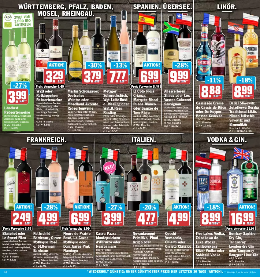 Aktueller Prospekt Hit - Prospekte - von 30.05 bis 03.06.2023 - strona 14 - produkty: ACC, amaro, auer, Bad, bio, Birnen, cabernet, cabernet sauvignon, Cap, cassis, chia, chianti, classico, creme, dry gin, eis, ente, finesse, flasche, frucht, früchte, früchten, Germ, gin, leitz, likör, london dry, london dry gin, monte, Montepulciano, moselland, Pinot, pinot grigio, primitivo, rebsortenweine, reis, Ria, riesling, rioja, rotkäppchen, rwe, sauvignon, Schmuck, Tanqueray, Ti, tisch, vodka, wein, weine, wodka, ZTE