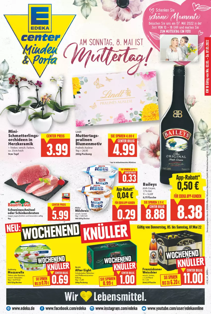 Aktueller Prospekt E Center - Angebote der Woche - von 02.05 bis 07.05.2022 - strona 1 - produkty: after eight, baileys, Becher, bier, blume, blumen, braten, creme, deka, eis, ente, flasche, franziskaner, gin, goldsteig, irish cream, lebensmittel, lindt, Mett, milch, milchreis, mozzarella, Müller, orchidee, orchideen, pfeffer, pralinen, reis, rel, saft, schinken, schinkenbraten, Schmetterling, schnitten, schnitzel, schoko, schokolade, schokoladen, schwein, schweine, schweineschnitzel, Ti, topf, wein, weine, weissbier, Yo