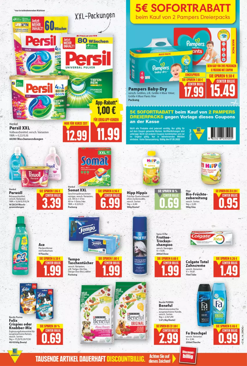 Aktueller Prospekt E Center - Angebote der Woche - von 02.05 bis 07.05.2022 - strona 13 - produkty: alleinfuttermittel, apfel, auer, beutel, bio, colgate, colgate total, coupon, coupons, creme, deka, discount, duschgel, eier, eis, elle, ente, fa duschgel, feinwaschmittel, felix, flasche, fleckentferner, früchte, geschirr, gin, henkel, hipp, LG, maracuja, pampers, persil, perwoll, purina, quetschbeutel, reiniger, reis, Ria, shampoo, sofortrabatt, somat, spülmaschinen, Tasche, taschen, taschentücher, tee, Tempo, Ti, tücher, universal pulver, vollwaschmittel, waschmittel, xxl-packung, zahncreme, zucker