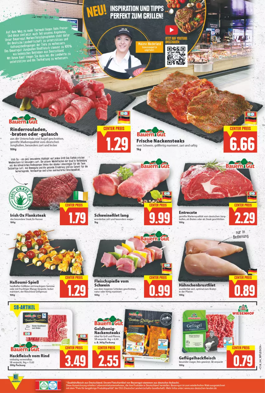 Aktueller Prospekt E Center - Angebote der Woche - von 02.05 bis 07.05.2022 - strona 4 - produkty: Bau, braten, brustfilet, eis, ente, filet, Flanksteak, fleisch, Fleischspieße, frucht, für grill und pfanne, Geflügel, gewürz, gin, grill, grill und pfanne, Grillkäse, gulasch, hackfleisch, hähnchenbrust, hähnchenbrustfilet, Halloumi, honig, ideal für grill, ideal für grill und pfanne, jungbullen, Käse, Kugel, LG, mango, mit frucht, Nackensteak, nackensteaks, natur, nuss, pfanne, rind, rinder, rinder-hackfleisch, Rinderroulade, rinderrouladen, rouladen, rwe, saft, salz, Schal, Schale, schinken, schnitten, schwein, schweine, schweinefilet, steak, steaks, Ti, tisch, und pfanne, wein, weine