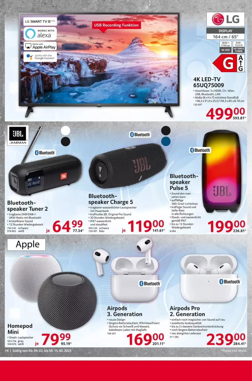 Aktueller Prospekt Selgros - Nonfood - von 09.02 bis 15.02.2023 - strona 14 - produkty: alexa, Apple, Bank, batterie, elle, ente, gin, HDMI, jbl, kraft, lautsprecher, LG, Omep, Pods, powerbank, Radio, smart tv, Ti, tuner, usb, wasser