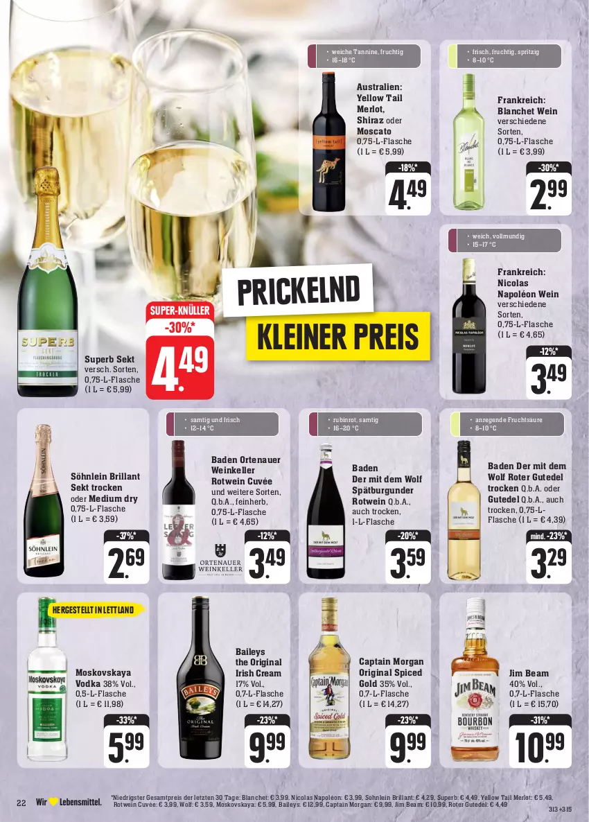 Aktueller Prospekt E Center - Angebote der Woche - von 25.09 bis 30.09.2023 - strona 27 - produkty: auer, aust, Bad, baileys, brillant sekt, burgunder, Cap, captain morgan, cola, cuvée, eis, elle, flasche, frucht, gin, irish cream, jim beam, leine, merl, merlot, moskovskaya, original spiced gold, ortenauer, reis, rotwein, Rubin, sekt, söhnlein, söhnlein brillant, spätburgunder, super-knüller, Ti, vodka, wein, yellow tail, ZTE