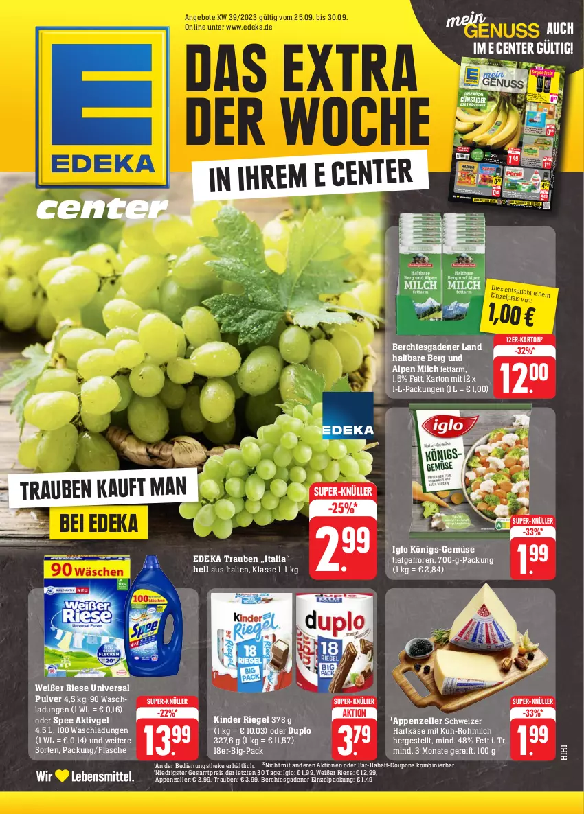 Aktueller Prospekt E Center - Angebote der Woche - von 25.09 bis 30.09.2023 - strona 30 - produkty: angebot, angebote, appenzeller, banane, bananen, Becher, bio, butter, coupon, coupons, deka, discount, drink, duplo, edeka bio, eis, elle, ente, flasche, frucht, gin, haribo, hartkäse, iglo, Käse, kerrygold, Kinder, kinder riegel, milch, monster, nuss, persil, rabatt-coupon, reis, riegel, ritter, ritter sport, salz, schoko, schweizer hartkäse, spee, Sport, super-knüller, Ti, trauben, universal pulver, ZTE