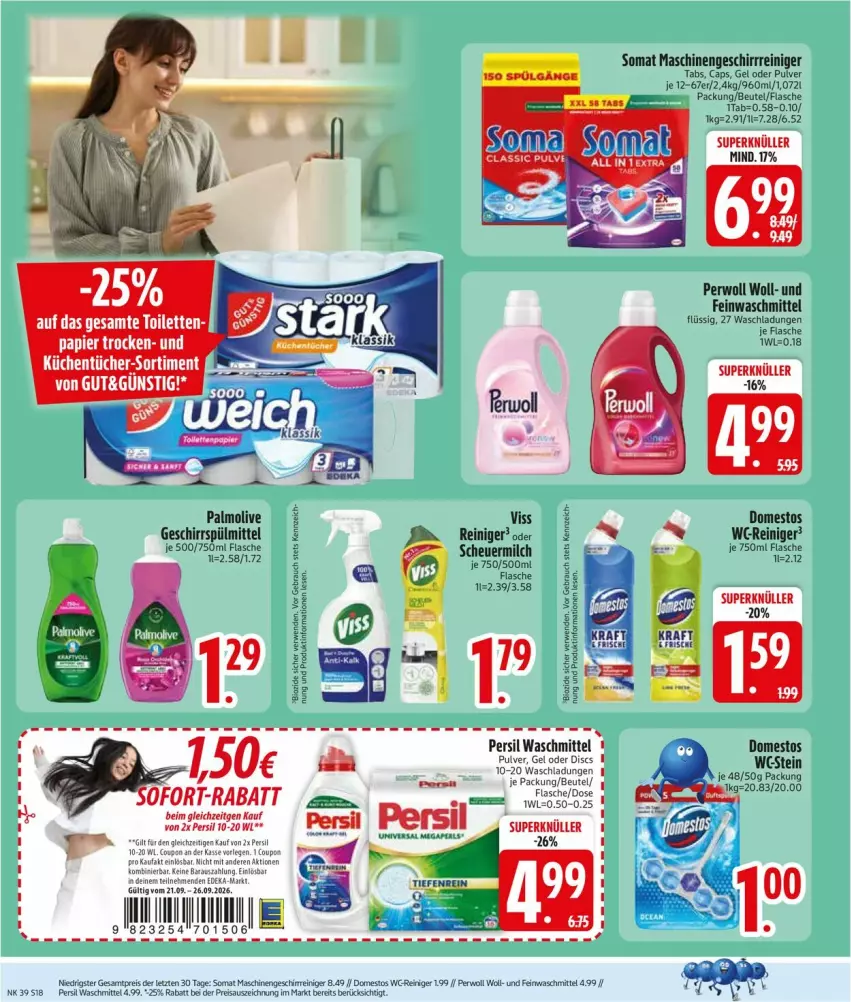 Aktueller Prospekt Edeka - Prospekte - von 21.09 bis 26.09.2026 - strona 20 - produkty: beutel, Cap, domestos, feinwaschmittel, flasche, geschirr, geschirrspülmittel, Heu, megaperls, olive, palmolive, papier, persil, persil waschmittel, perwoll, reiniger, somat, spülmittel, Ti, universal megaperls, waschmittel, ZTE