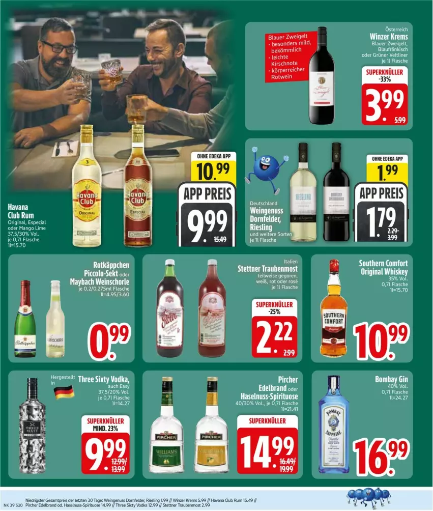 Aktueller Prospekt Edeka - Prospekte - von 21.09 bis 26.09.2026 - strona 22 - produkty: auer, blauer zweigelt, eis, flasche, gin, haselnuss, LG, maybach, nuss, pircher, reis, rum, schorle, sekt, Three Sixty, trauben, vodka, wein, weinschorle, Zweigelt