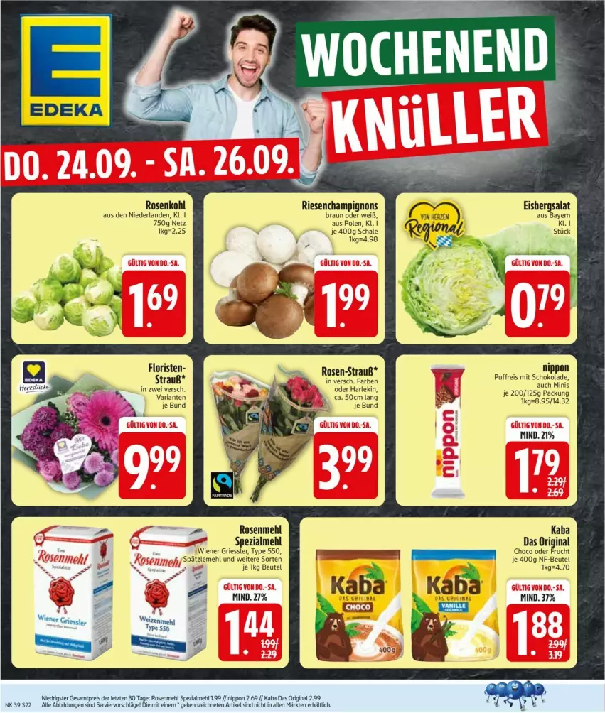Aktueller Prospekt Edeka - Prospekte - von 21.09 bis 26.09.2026 - strona 26 - produkty: beutel, braun, champignon, champignons, champignons braun, eis, eisbergsalat, frucht, gin, mehl, nippon, reis, Ria, rosen, Rosenkohl, Rosenmehl, salat, Schal, Schale, schoko, schokolade, Spätzlemehl, Spezi, wiener
