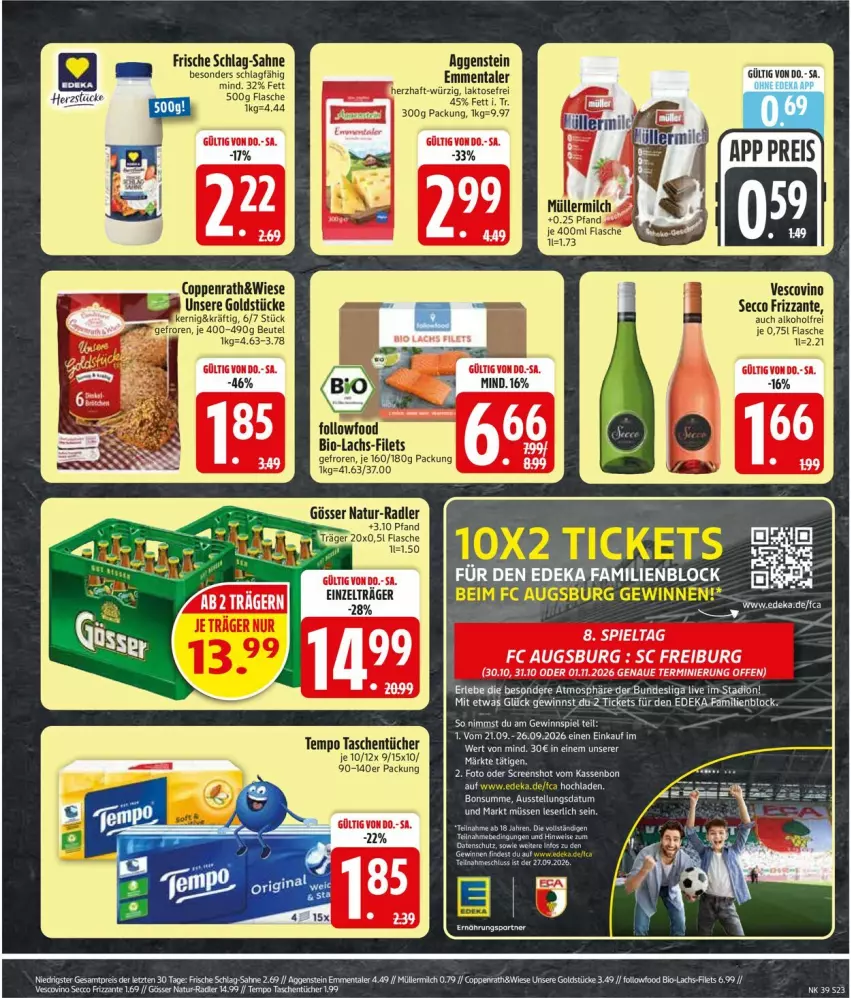 Aktueller Prospekt Edeka - Prospekte - von 21.09 bis 26.09.2026 - strona 27 - produkty: alkohol, bio, coppenrath, deka, ecco, elle, emmentaler, filet, filets, flasche, frizzante, Goldstücke, gösser, lachs, Müller, natur, radler, sahne, Tasche, taschen, taschentücher, tee, Tempo, Ti, tücher, vescovino, Zelt, ZTE