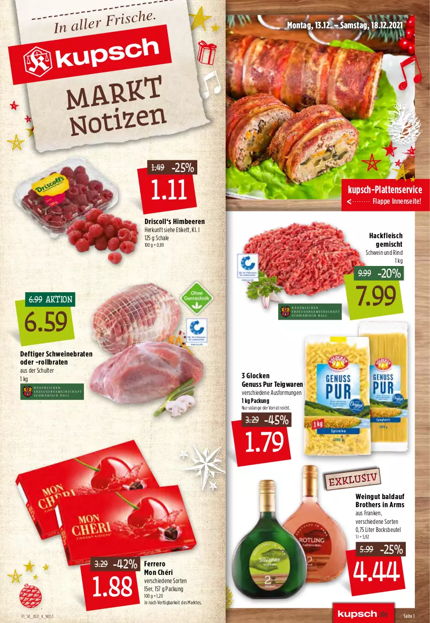 Aktueller Prospekt Kupsch - Angebote der Woche - von 13.12 bis 18.12.2021 - strona 1 - produkty: beere, beeren, Berger, beutel, braten, brot, brother, eis, ferrero, fleisch, hackfleisch, hackfleisch gemischt, henglein, himbeer, himbeere, himbeeren, Knödel, knorr, knorr fix, Kühne, latte, Mon Chéri, nürnberger, nuss, rind, rollbraten, rotkohl, Schal, Schale, schwein, schwein und rind, schweine, schweinebraten, teigwaren, Ti, wein, weine