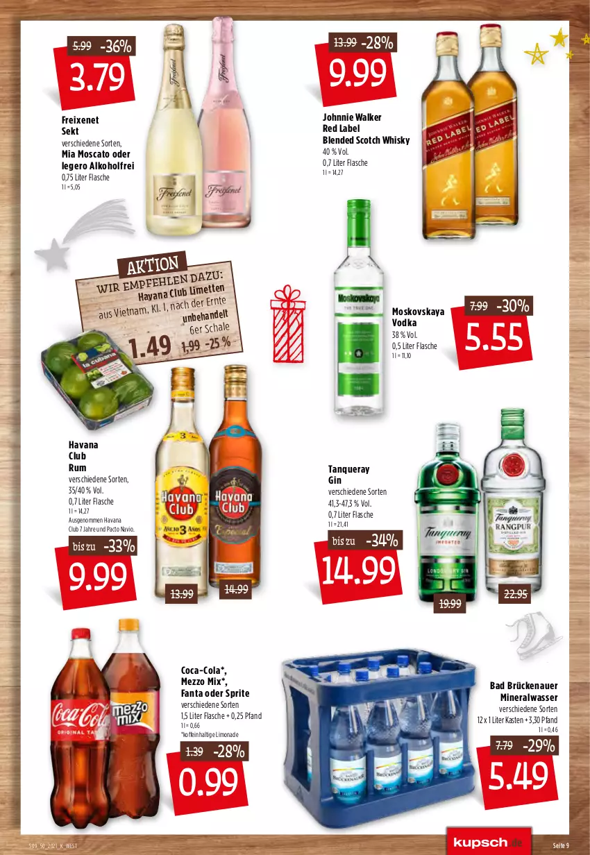 Aktueller Prospekt Kupsch - Angebote der Woche - von 13.12 bis 18.12.2021 - strona 11 - produkty: alkohol, Alwa, auer, Bad, blended scotch, blended scotch whisky, coca-cola, cola, fanta, fanta oder, fanta oder sprite, flasche, freixenet, gin, Havana Club, johnnie walker, limette, limo, limonade, Mett, Mezzo Mix, mineralwasser, moskovskaya, oder sprite, rum, Schal, Schale, scotch, scotch whisky, sekt, sprite, Tanqueray, Ti, vodka, wasser, whisky