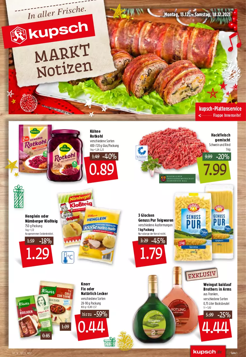 Aktueller Prospekt Kupsch - Angebote der Woche - von 13.12 bis 18.12.2021 - strona 3 - produkty: Berger, beutel, brot, brother, eis, fleisch, hackfleisch, hackfleisch gemischt, henglein, Knödel, knorr, knorr fix, Kühne, latte, nürnberger, nuss, rind, rotkohl, schwein, schwein und rind, teigwaren, Ti, wein