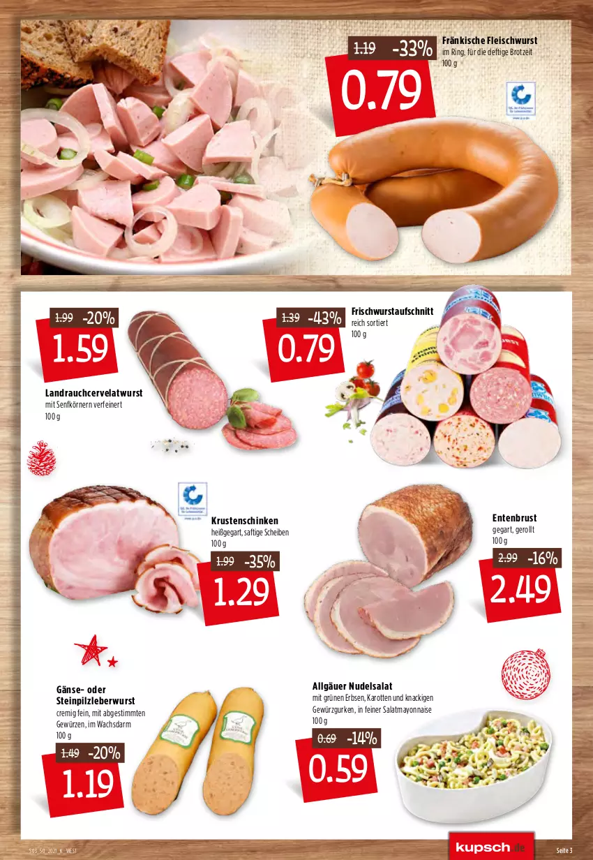 Aktueller Prospekt Kupsch - Angebote der Woche - von 13.12 bis 18.12.2021 - strona 5 - produkty: aufschnitt, brot, eis, ente, Entenbrust, erbsen, fleisch, fleischwurst, gewürz, Gewürzgurke, gewürzgurken, gurke, gurken, karotten, Krustenschinken, leberwurst, LG, mayonnaise, nudel, nudelsalat, Rauch, ring, saft, salat, schinken, senf, Ti, wurst, Yo