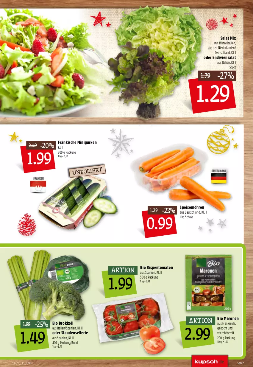 Aktueller Prospekt Kupsch - Angebote der Woche - von 13.12 bis 18.12.2021 - strona 7 - produkty: ball, bio, brokkoli, eis, elle, gurke, gurken, möhren, rispentomaten, salat, Schal, Schale, speisemöhren, stauden, Ti, tomate, tomaten