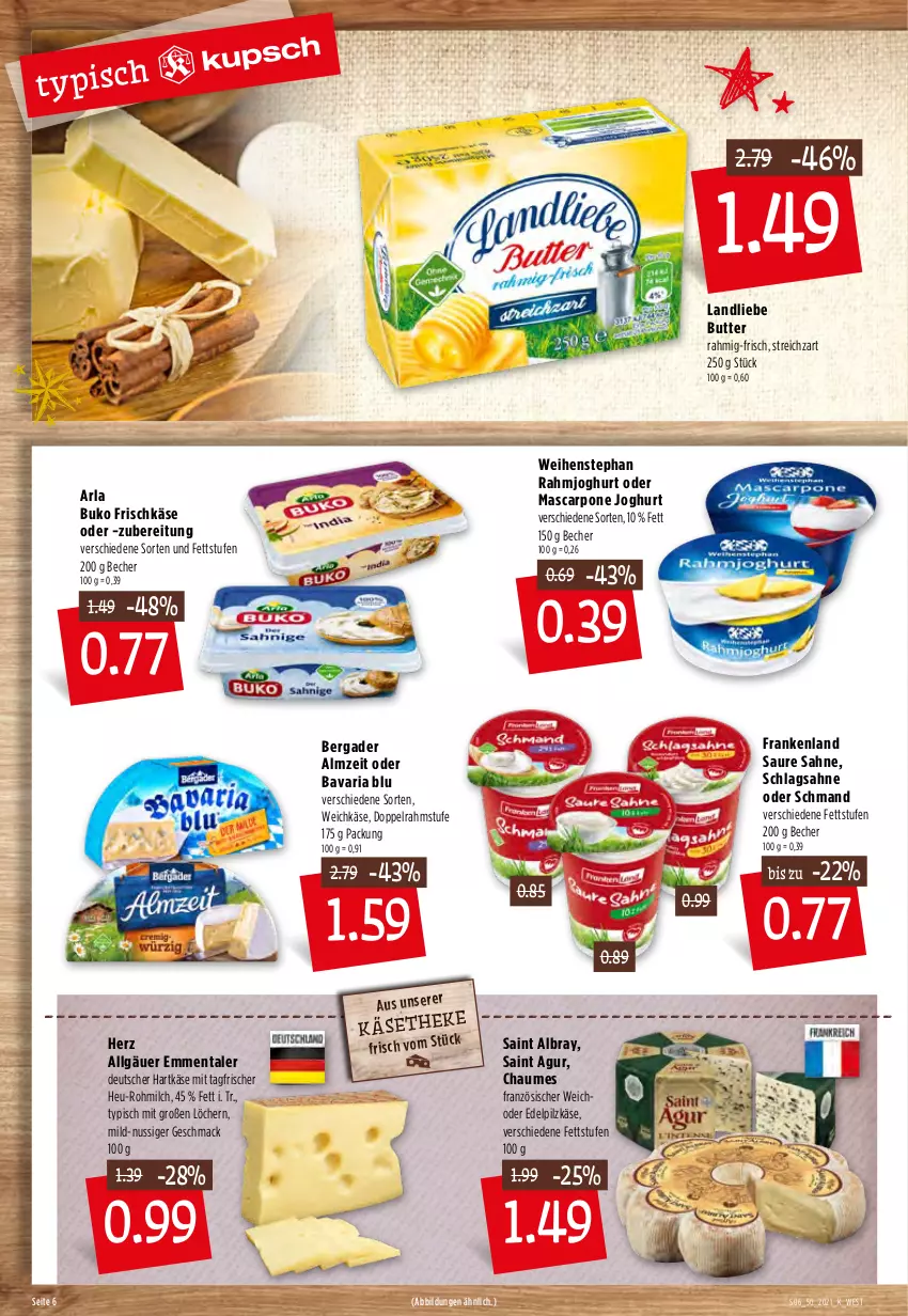 Aktueller Prospekt Kupsch - Angebote der Woche - von 13.12 bis 18.12.2021 - strona 8 - produkty: albray, arla, arla buko, bavaria blu, Becher, bergader, Buko, butter, chaumes, doppelrahmstufe, emmentaler, frischkäse, hartkäse, Heu, joghur, joghurt, Käse, landliebe, LG, mac, mascarpone, milch, nuss, rahmjoghurt, Ria, sahne, Saint Agur, saint albray, schlagsahne, schmand, Streichzart, weichkäse, weihenstephan