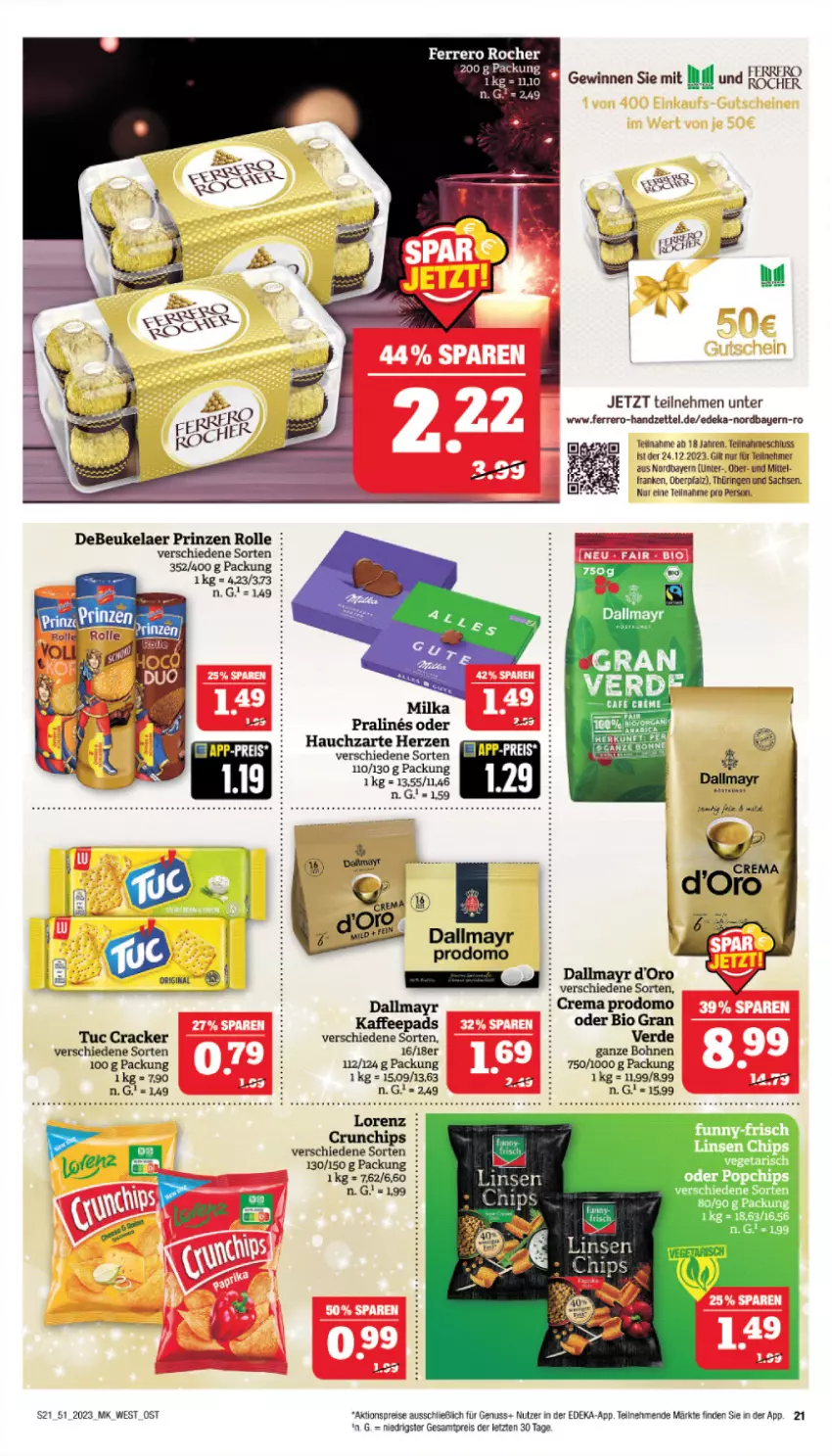 Aktueller Prospekt Marktkauf - Prospekt - von 17.12 bis 23.12.2023 - strona 21 - produkty: aktionspreis, bio, bohne, bohnen, chips, cracker, crunchips, dallmayr, debeukelaer, deka, eis, erde, ferrero, Ferrero Rocher, kaffee, kaffeepads, lorenz, nuss, prinzen rolle, prodomo, reis, ring, sac, Ti, tuc, ZTE