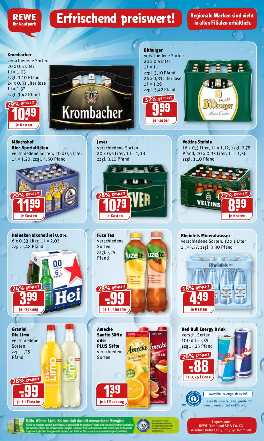 Aktueller Prospekt Rewe - REWE Ihr Kaufpark - von 24.01 bis 29.01.2022 - strona 20 - produkty: alkohol, Alwa, amecke, bier, bitburger, burger, drink, drucker, eis, energy drink, Engel, flasche, fuze tea, granini, granini die limo, heineken, jever, kerze, krombache, krombacher, limo, mineralwasser, mönchshof, red bull, reis, säfte, Spezi, Ti, veltins, wasser