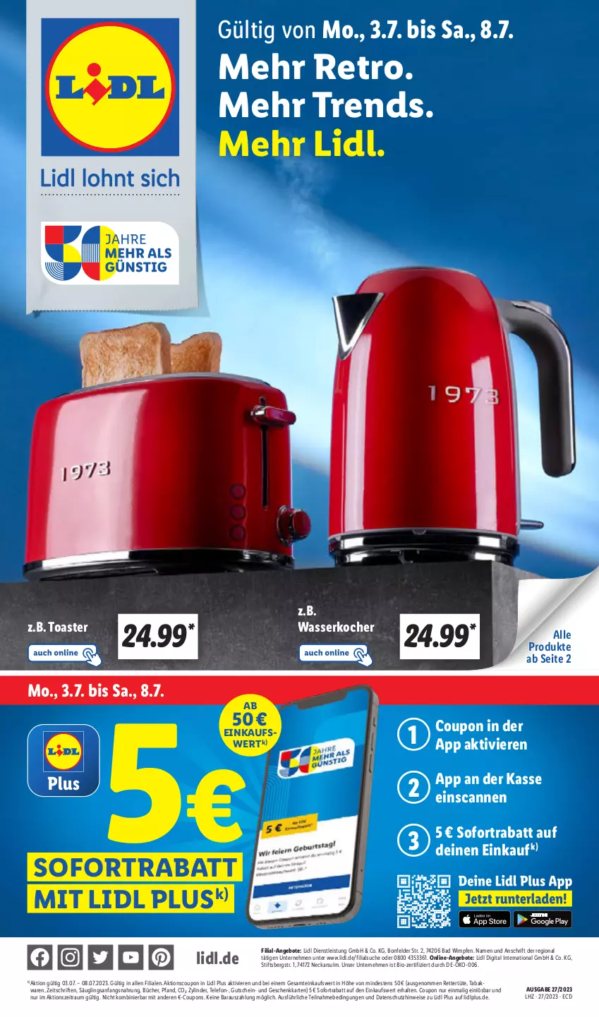 Aktueller Prospekt Lidl - Aktionsprospekt - von 03.07 bis 08.07.2023 - strona 1 - produkty: angebot, angebote, Bad, bio, coupon, coupons, eis, gutschein, Kocher, sofortrabatt, telefon, Ti, toast, toaster, Tüte, wasser, wasserkocher