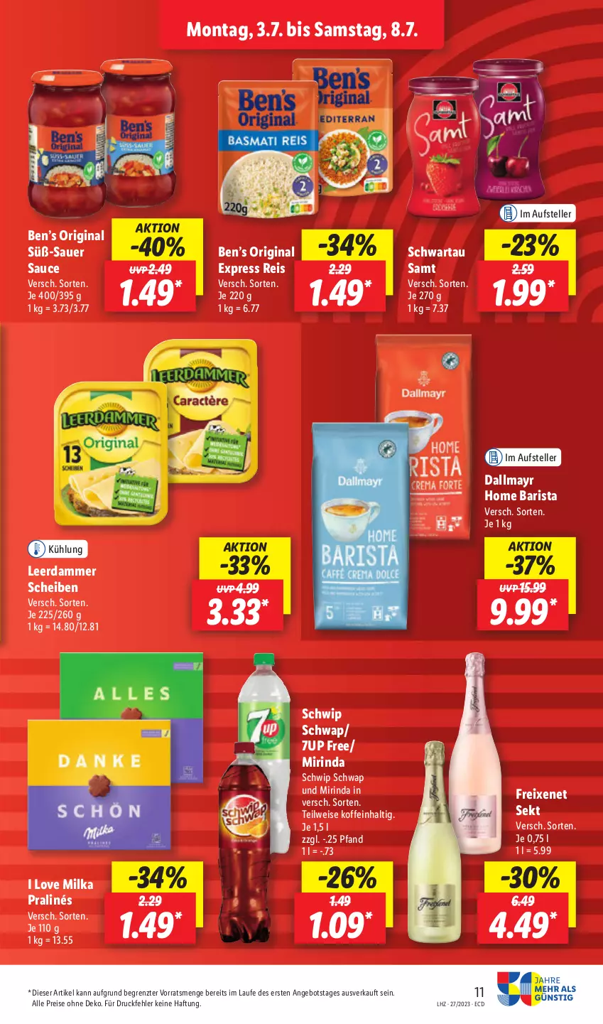 Aktueller Prospekt Lidl - Aktionsprospekt - von 03.07 bis 08.07.2023 - strona 11 - produkty: 7UP, angebot, auer, Ben’s Original, dallmayr, eis, elle, freixenet, gin, leerdammer, milka, Mirinda, reis, rind, sauce, Schwartau, Schwip Schwap, sekt, teller, Ti, ZTE