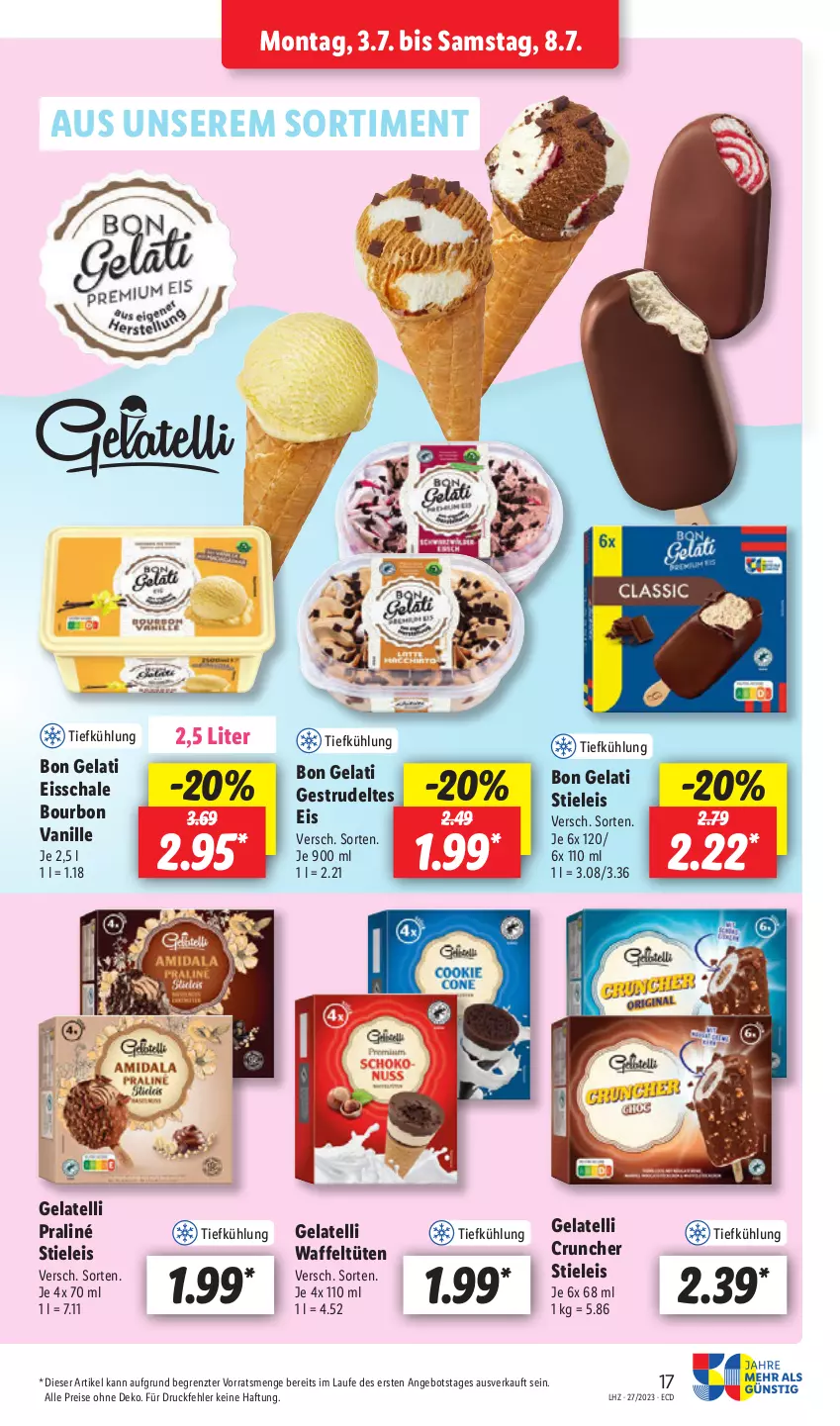 Aktueller Prospekt Lidl - Aktionsprospekt - von 03.07 bis 08.07.2023 - strona 19 - produkty: angebot, Bon Gelati, bourbon, bourbon vanille, eis, Gelatelli, reis, Schal, Schale, stieleis, Strudel, Ti, Tüte, vanille, ZTE