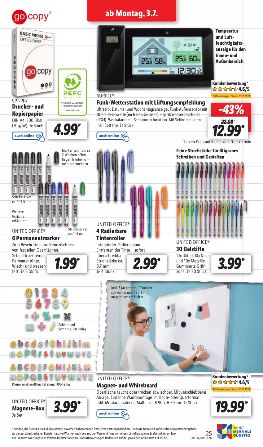 Aktueller Prospekt Lidl - Aktionsprospekt - von 03.07 bis 08.07.2023 - strona 27 - produkty: batterie, buch, din a4, drucker, eis, ente, kopierpapier, Liege, office, papier, reis, Ria, Roller, schwamm, stifte, Ti, tisch, uhr, wasser, weck, Wetterstation, ZTE