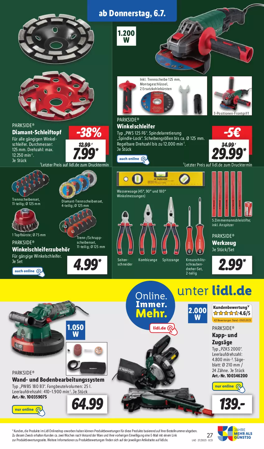 Aktueller Prospekt Lidl - Aktionsprospekt - von 03.07 bis 08.07.2023 - strona 29 - produkty: beutel, Bleistift, bleistifte, bürste, bürsten, eis, Kombizange, messer, Parkside, reis, säge, schrauben, Schraubendreher, Seitenschneide, stifte, Ti, topf, Waage, wasser, weck, werkzeug, Winkelschleifer, ZTE