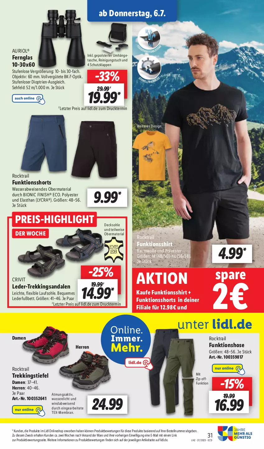 Aktueller Prospekt Lidl - Aktionsprospekt - von 03.07 bis 08.07.2023 - strona 33 - produkty: Bau, baumwolle, bett, bio, crivit, decksohle, eis, Fernglas, Finish, funktionsshirt, hose, Reinigung, reis, Ria, sandale, sandalen, shirt, shorts, Tasche, Ti, tuc, umhängetasche, wasser, weck, wolle, ZTE