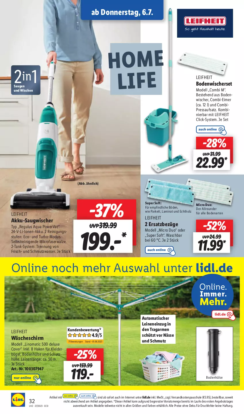 Aktueller Prospekt Lidl - Aktionsprospekt - von 03.07 bis 08.07.2023 - strona 34 - produkty: akku, angebot, aqua, auto, bodenwischer, bügel, dell, eimer, eis, elle, Holz, kleid, kleider, kleiderbügel, laminat, leifheit, leine, mikrofaser, Mode, ndk, Reinigung, reis, Saugwischer, Schal, Schale, schutzhülle, Ti, tisch, wäscheschirm, wasser, ZTE