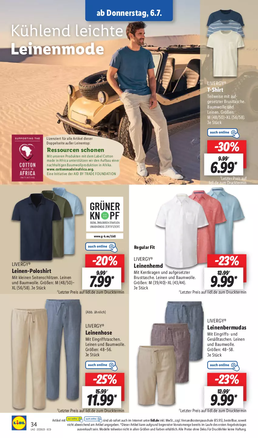 Aktueller Prospekt Lidl - Aktionsprospekt - von 03.07 bis 08.07.2023 - strona 36 - produkty: angebot, Bau, baumwolle, bermuda, bermudas, dell, eis, elle, hemd, hose, leine, livergy, Mode, ndk, poloshirt, reis, Schal, Schale, shirt, T-Shirt, Tasche, taschen, Ti, wolle, ZTE