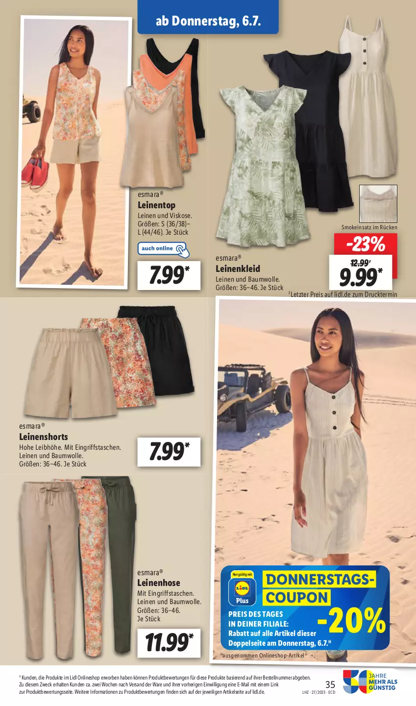 Aktueller Prospekt Lidl - Aktionsprospekt - von 03.07 bis 08.07.2023 - strona 37 - produkty: Bau, baumwolle, coupon, eis, esmara, hose, kleid, leine, reis, shorts, Tasche, taschen, Ti, weck, wolle, ZTE