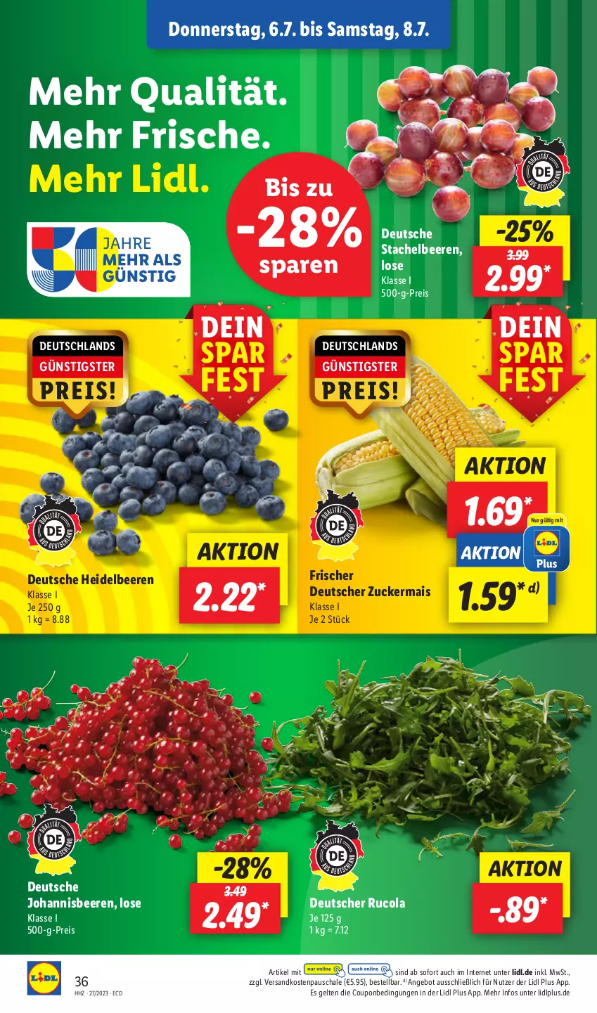 Aktueller Prospekt Lidl - Aktionsprospekt - von 03.07 bis 08.07.2023 - strona 38 - produkty: angebot, beere, beeren, cola, coupon, eis, heidelbeere, heidelbeeren, johannisbeere, Johannisbeeren, mais, ndk, reis, rucola, Schal, Schale, Stachelbeeren, Ti, zucker, zuckermais