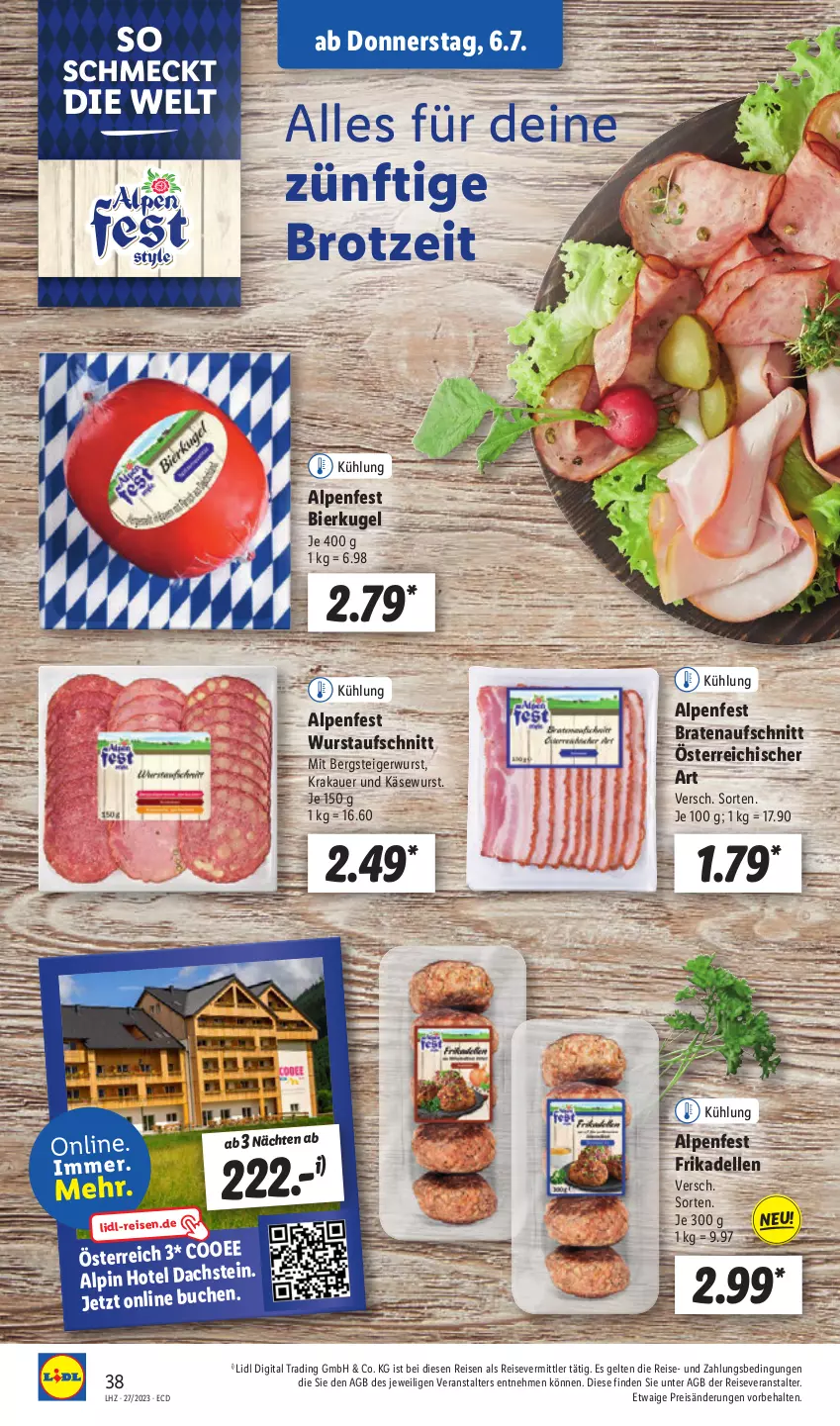 Aktueller Prospekt Lidl - Aktionsprospekt - von 03.07 bis 08.07.2023 - strona 40 - produkty: auer, aufschnitt, bier, braten, bratenaufschnitt, brot, buch, dell, eis, elle, frikadellen, Käse, Käsewurst, krakauer, Kugel, reis, reiseveranstalter, Ti, wurst