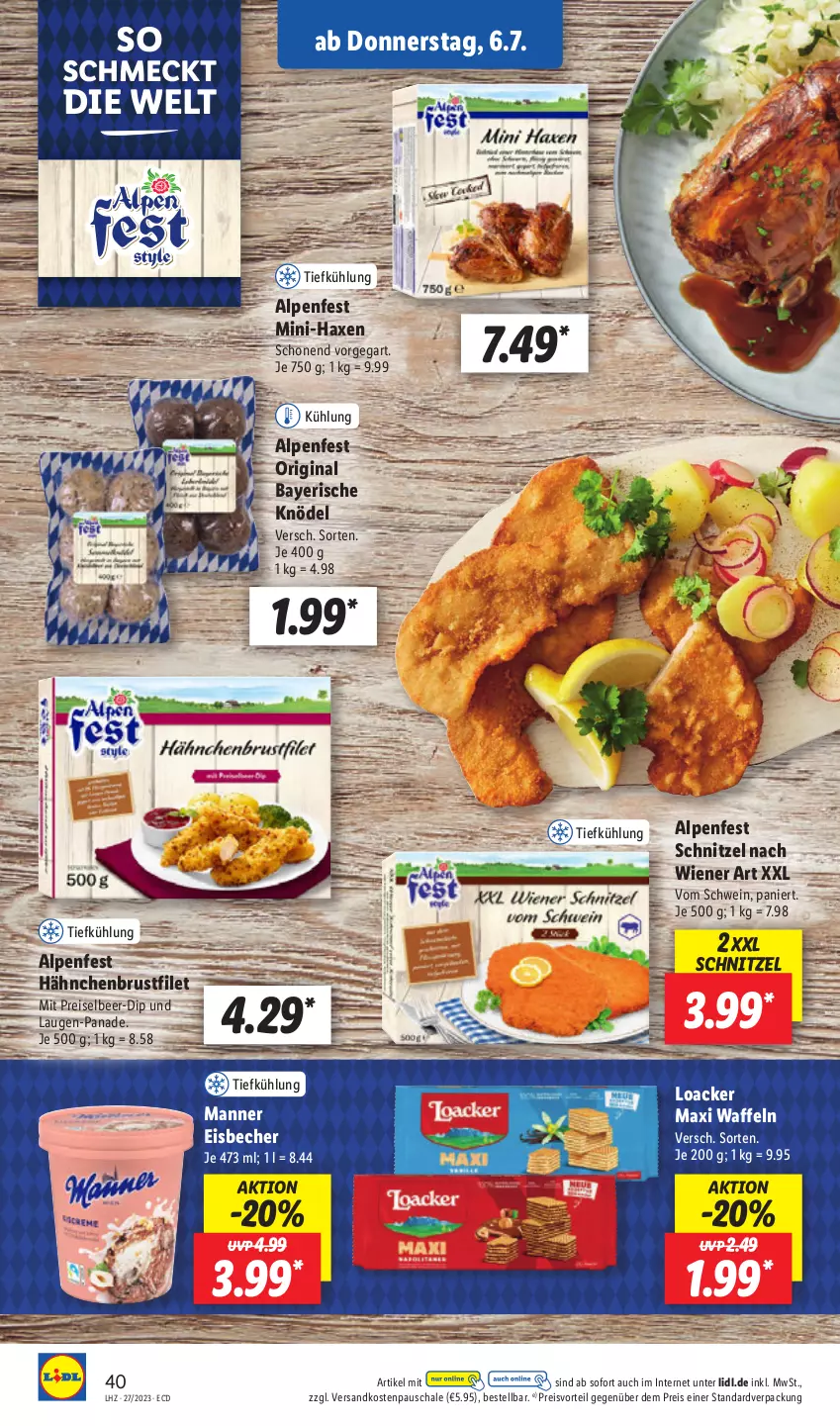 Aktueller Prospekt Lidl - Aktionsprospekt - von 03.07 bis 08.07.2023 - strona 42 - produkty: axe, Becher, brustfilet, dip, eis, eisbecher, filet, gin, hähnchenbrust, hähnchenbrustfilet, Haxe, Knödel, Manner, ndk, preisvorteil, reis, Schal, Schale, schnitzel, schwein, Ti, waffeln, wein, wiener