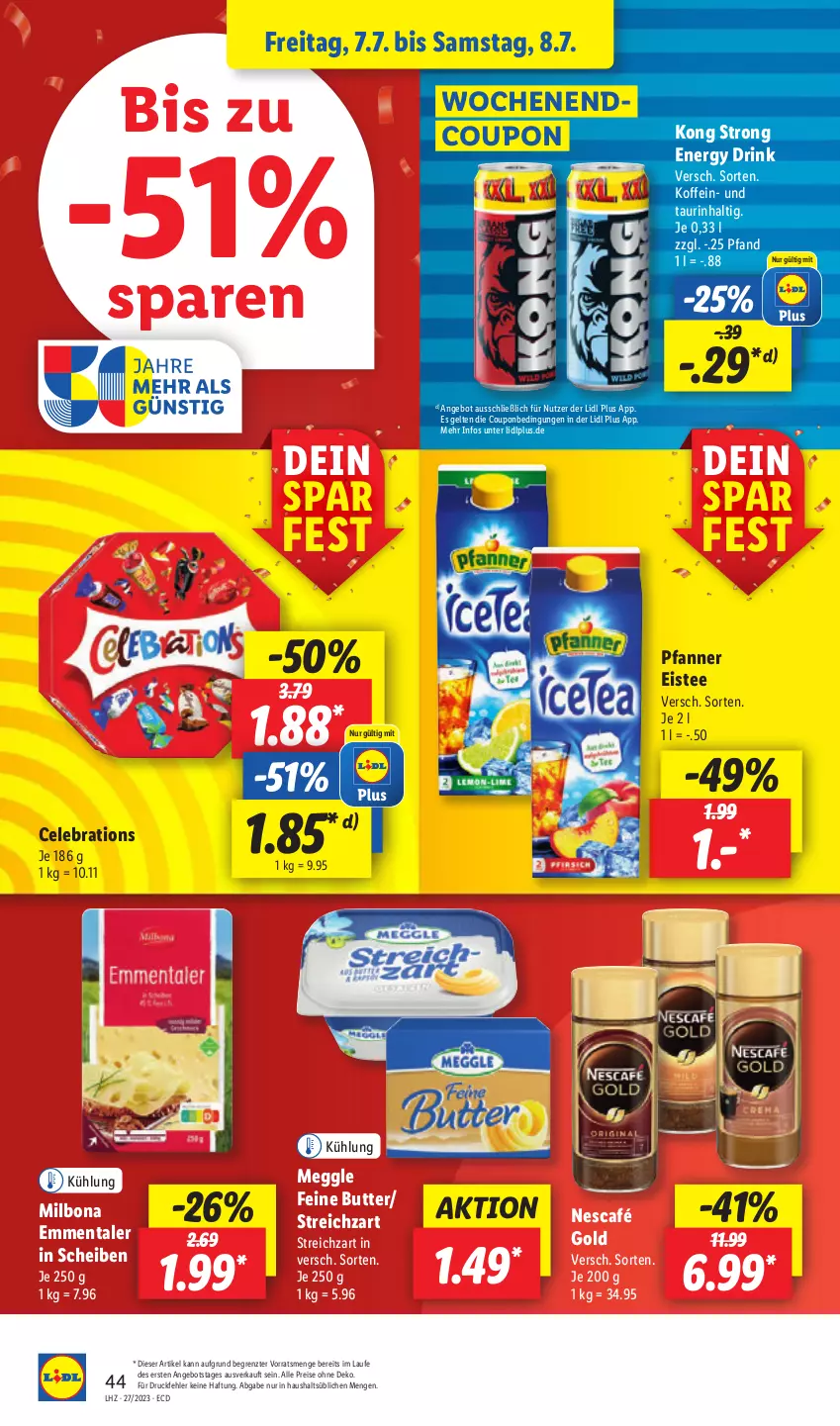 Aktueller Prospekt Lidl - Aktionsprospekt - von 03.07 bis 08.07.2023 - strona 52 - produkty: angebot, Bona, butter, coupon, drink, drucker, eis, eistee, emmentaler, energy drink, Engel, kerze, meggle, Milbona, Nescafé, nescafé gold, papier, pfanne, Pfanner, reis, Streichzart, tee, Ti, ZTE