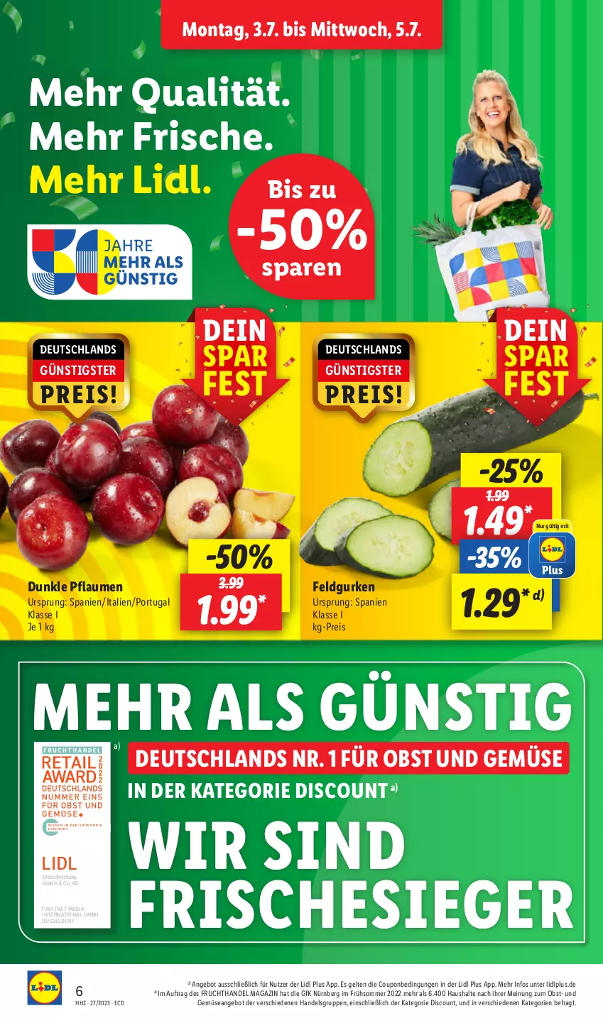 Aktueller Prospekt Lidl - Aktionsprospekt - von 03.07 bis 08.07.2023 - strona 6 - produkty: angebot, coupon, discount, eis, ente, frucht, gurke, gurken, magazin, obst, Obst und Gemüse, pflaume, pflaumen, reis, Ti, und gemüse