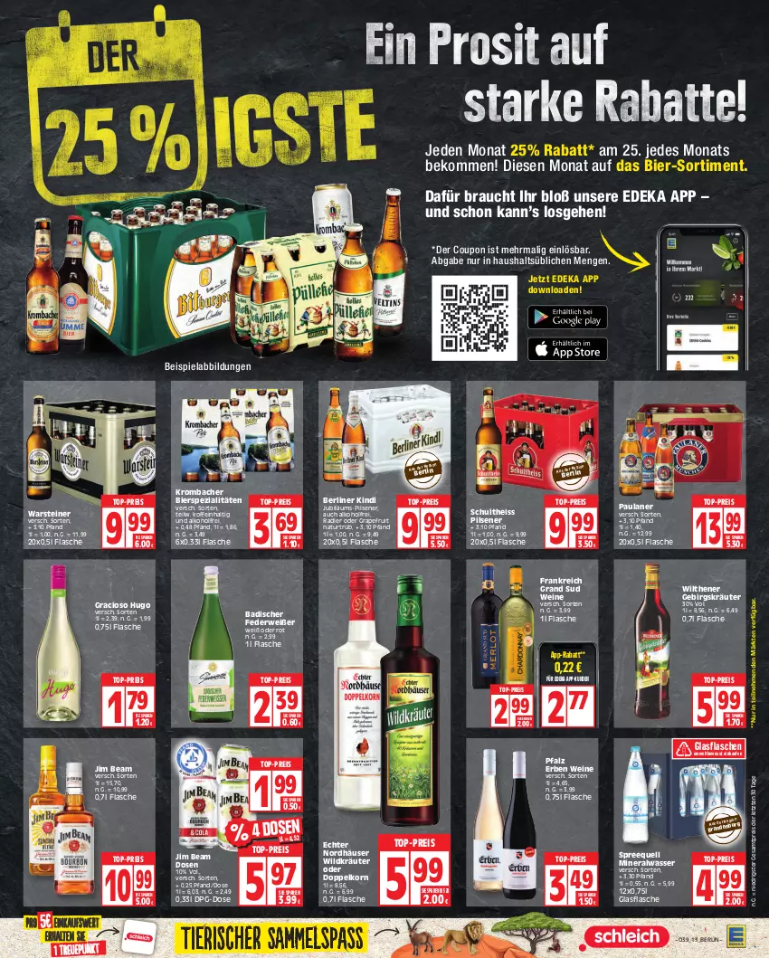 Aktueller Prospekt Edeka - Angebote der Woche - von 25.09 bis 30.09.2023 - strona 13 - produkty: alkohol, Alwa, Bad, beispielabbildung, beko, berliner, berliner kindl, bier, bierspezialitäten, coupon, deka, doppelkorn, eis, flasche, glasflasche, gracioso, grand sud, grapefruit, hugo, jim beam, Jubiläums, korn, kräuter, krombache, krombacher, mineralwasser, natur, Paula, paulaner, pils, pilsener, radler, Rauch, reis, rwe, Schultheiss, Spezi, Spreequell, steiner, Ti, top-preis, warsteiner, wasser, wein, weine, Wild, wilthener, ZTE