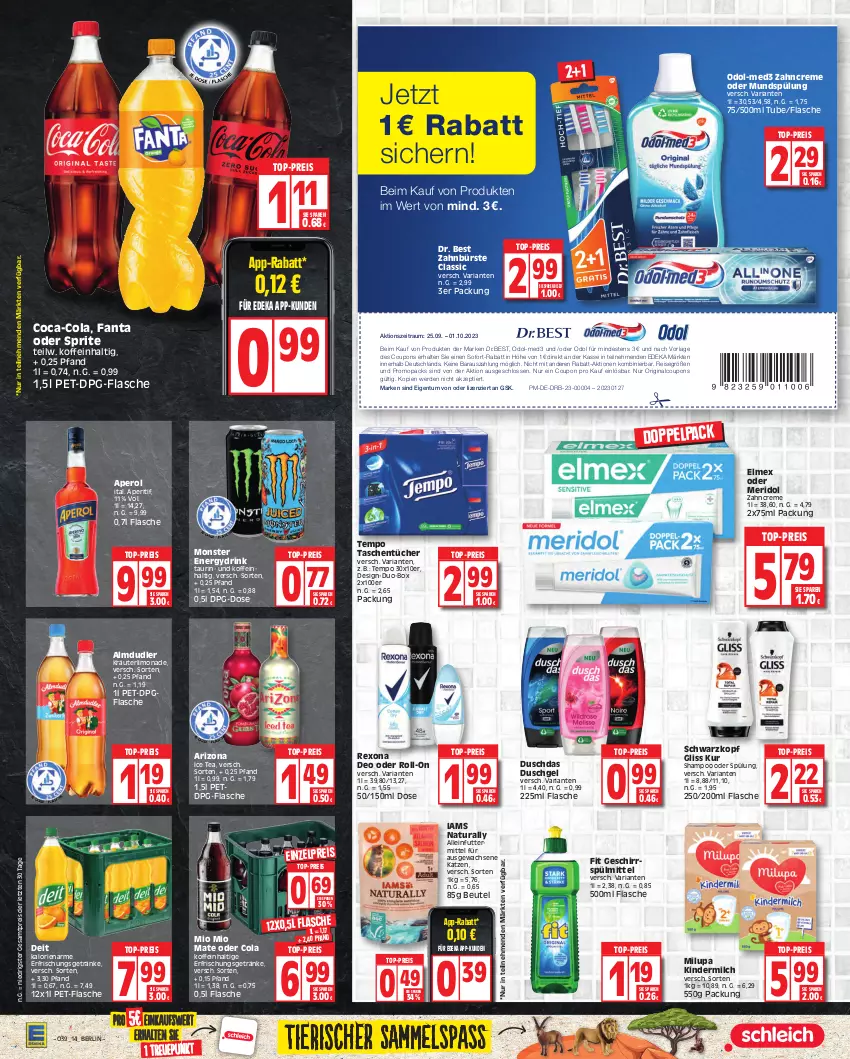 Aktueller Prospekt Edeka - Angebote der Woche - von 25.09 bis 30.09.2023 - strona 14 - produkty: alleinfuttermittel, almdudler, aperitif, aperol, beutel, bürste, coca-cola, cola, coupon, coupons, creme, deit, deka, deo, Dr. Best, drink, duschdas, duschgel, eis, elmex, erde, erfrischungsgetränk, erfrischungsgetränke, fanta, fanta oder, fanta oder sprite, flasche, geschirr, geschirrspülmittel, getränk, getränke, gin, gliss, gliss kur, ice tea, Kinder, kindermilch, kräuter, limo, limonade, meridol, milch, milupa, Mio Mio, monster, Monster Energy, mundspülung, natur, natura, oder sprite, Odol, pet-flasche, reis, rexona, Ria, roll-on, schwarzkop, schwarzkopf, shampoo, shampoo oder spülung, sofort-rabatt, sprite, spülmittel, spülung, Tasche, taschen, taschentücher, Tempo, Ti, top-preis, tücher, zahnbürste, zahncreme, ZTE