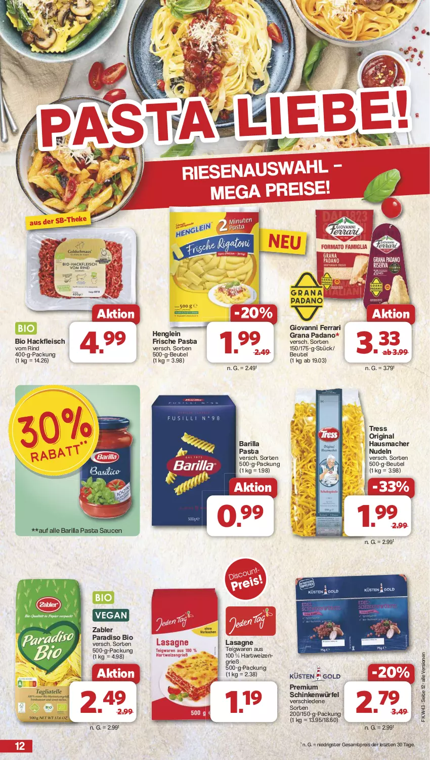 Aktueller Prospekt Famila - Prospekte - von 21.10 bis 26.10.2024 - strona 12 - produkty: barilla, beutel, bio, eis, fleisch, Frische Pasta, gin, grana, grana padano, hackfleisch, hartweizen, Hausmacher, henglein, lasagne, mac, nudel, nudeln, padano, pasta, Pasta Sauce, Rana, reis, rind, sauce, saucen, schinken, teigwaren, Ti, würfel, Zabler, ZTE