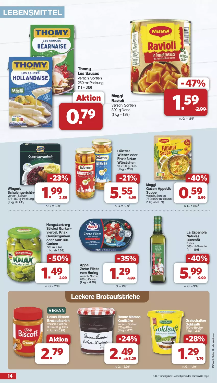 Aktueller Prospekt Famila - Prospekte - von 21.10 bis 26.10.2024 - strona 14 - produkty: aufstrich, Becher, beutel, biscoff, bonne maman, brot, brotaufstrich, brotaufstriche, eis, filet, filets, flasche, frankfurter, gewürz, Gewürzgurke, gewürzgurken, goldsaft, grafschafter, gurke, gurken, hengstenberg, hering, konfitüre, lebensmittel, LG, maggi, mam, natives olivenöl, olive, oliven, olivenöl, olivenöl extra, ravioli, reis, ring, saft, salz, sauce, Schal, Schale, suppe, thomy, thomy les sauces, Ti, wiener, würstchen, ZTE