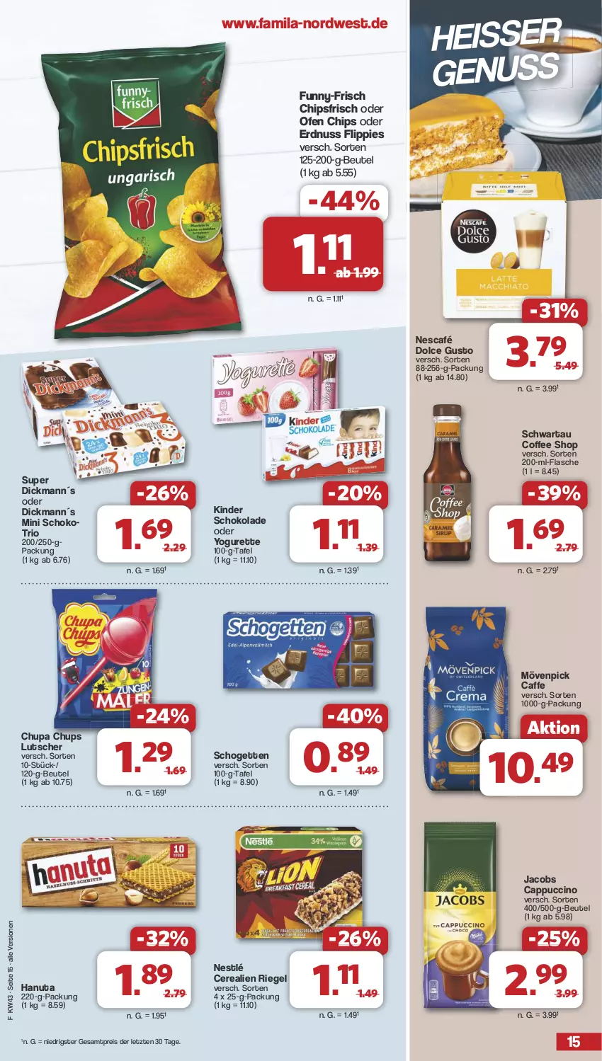 Aktueller Prospekt Famila - Prospekte - von 21.10 bis 26.10.2024 - strona 15 - produkty: beutel, caffe, Cap, cappuccino, cerealien, chips, chipsfrisch, chupa, chupa chups, cin, dolce gusto, eis, erdnuss, flasche, flippies, funny-frisch, hanuta, jacobs, Kinder, kinder schokolade, Lutscher, mövenpick, Nescafé, nestlé, nuss, oder yogurette, Ofen, reis, riegel, schogetten, schoko, schokolade, Schwartau, Ti, Yo, yogurette, ZTE