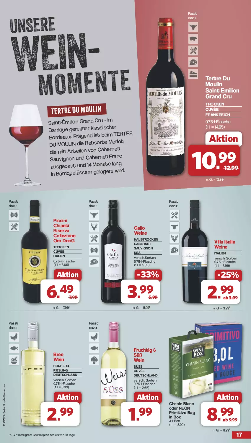 Aktueller Prospekt Famila - Prospekte - von 21.10 bis 26.10.2024 - strona 17 - produkty: Bau, bree, cabernet, cabernet sauvignon, chia, chianti, cin, cuvée, eis, flasche, frucht, gallo, lion, merl, merlot, primitivo, reis, riesling, riserva, sauvignon, Ti, wein, weine, ZTE