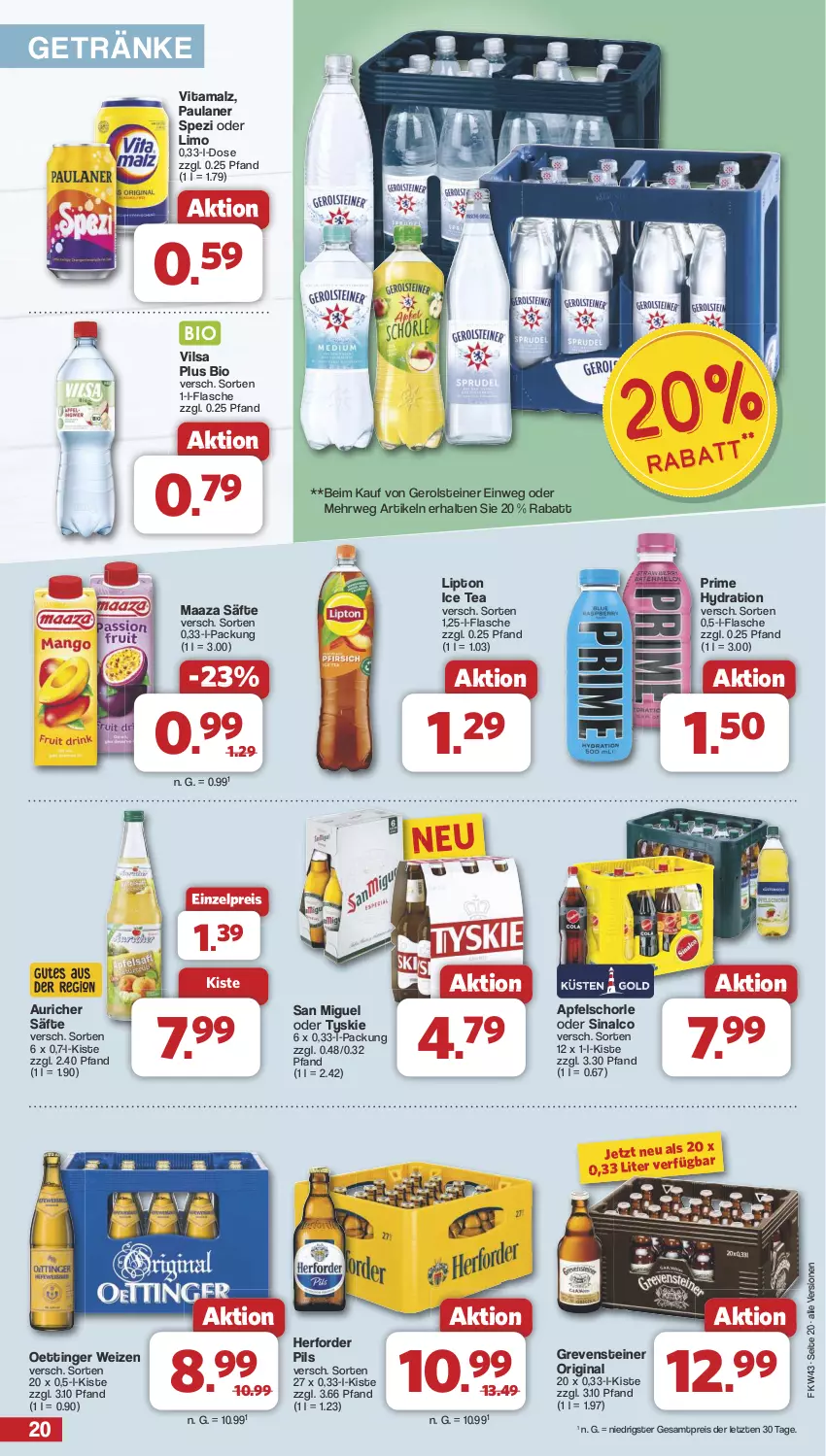 Aktueller Prospekt Famila - Prospekte - von 21.10 bis 26.10.2024 - strona 20 - produkty: apfel, Apfelschorle, bio, eis, flasche, gerolsteine, gerolsteiner, getränk, getränke, gin, grevensteiner, ice tea, limo, lipton, lipton ice tea, malz, oettinger, Paula, paulaner, pils, reis, rwe, säfte, schorle, sinalco, Spezi, steiner, Ti, tyskie, vilsa, vita, vitamalz, ZTE