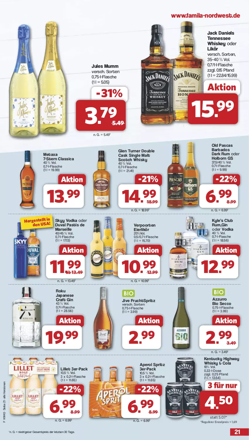 Aktueller Prospekt Famila - Prospekte - von 21.10 bis 26.10.2024 - strona 21 - produkty: aperol, asti, Bad, bio, cola, ecco, eier, eierlikör, eis, flasche, frucht, gin, jack daniel, jack daniels, jules mumm, likör, lillet, mars, Metaxa, mumm, reis, rum, scotch, scotch whisky, single malt, skyy, Skyy Vodka, tennessee whiskey, Ti, tuc, verpoorten, vodka, whiskey, whisky, ZTE